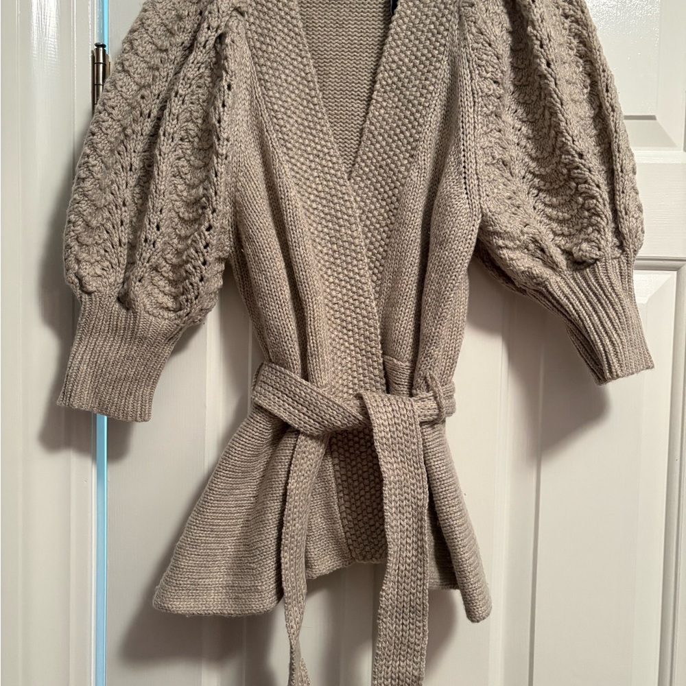 Women’s bubble sleeve Chunky Knit Belted Cardigan Sweater - Taupe